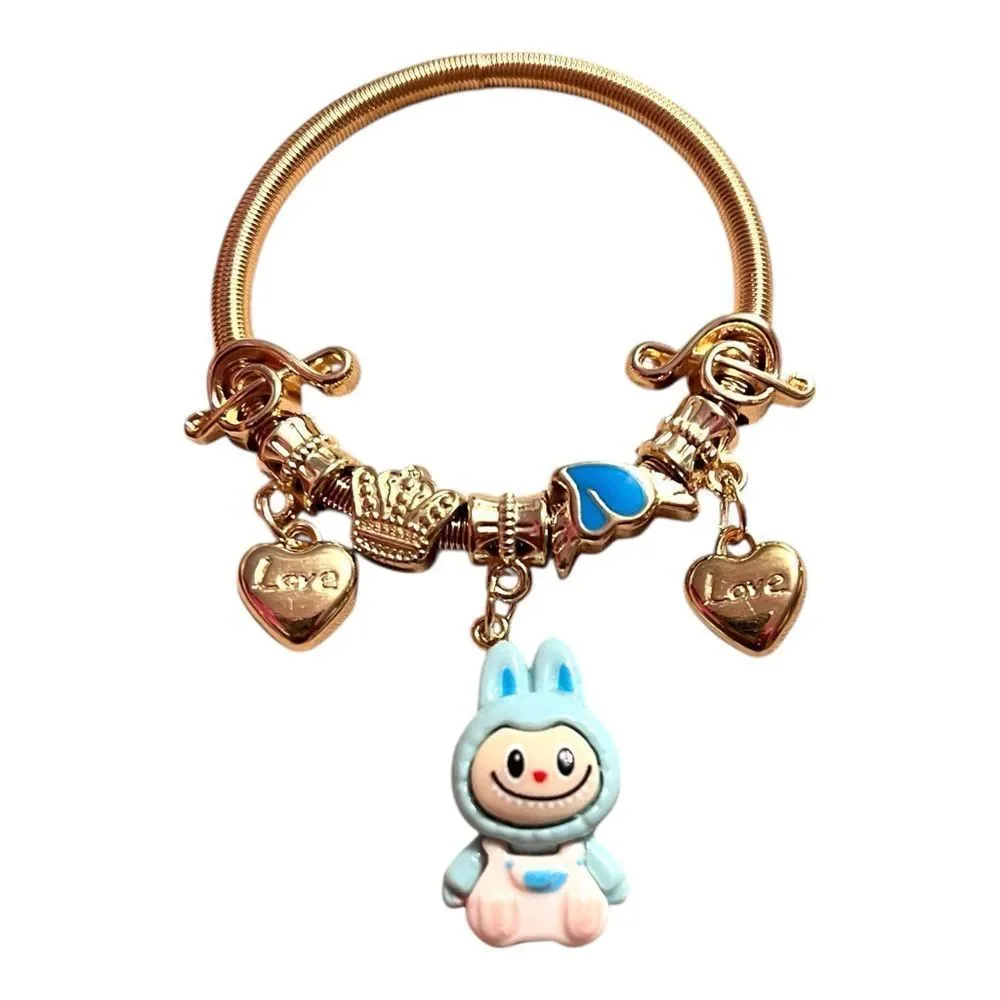 🤯5/$25🤯 Stretchy Blue Labubu Love Heart Crown Note Gold Child’s Charm Bracelet